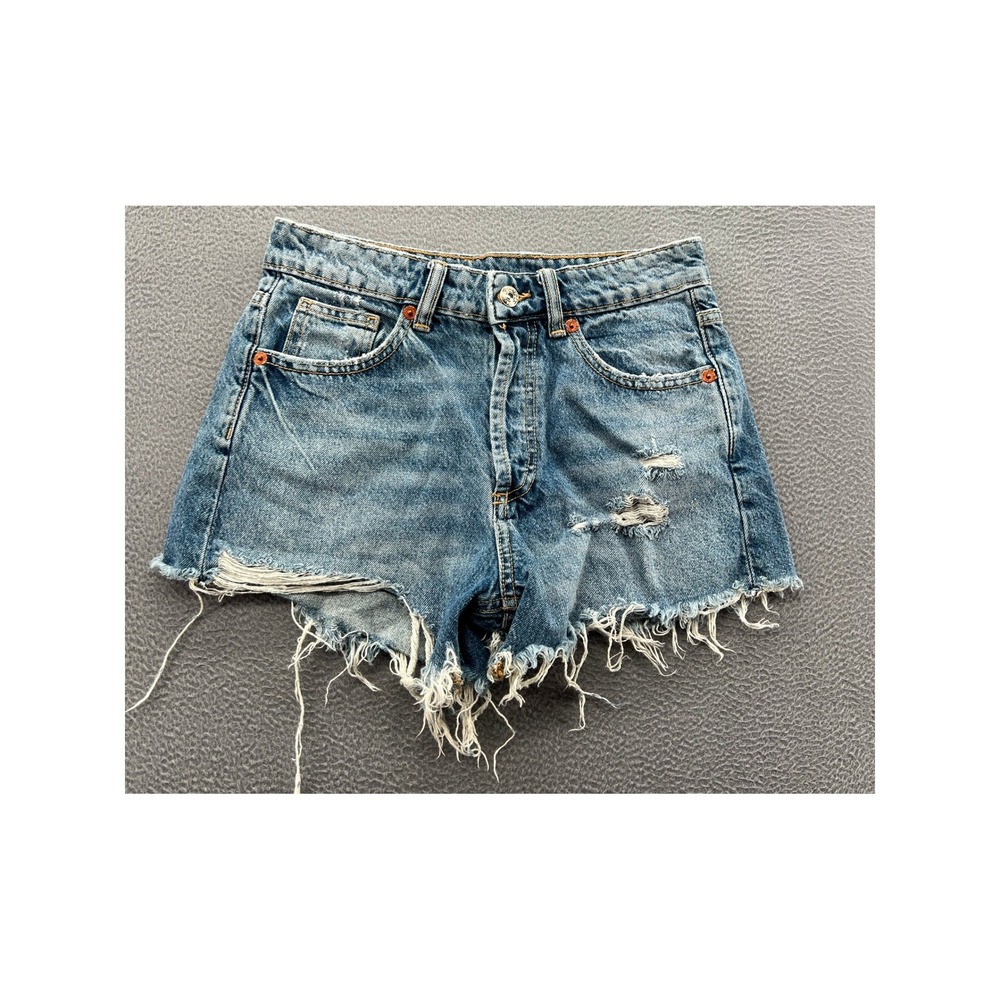 Zara Shorts Women's Size 2 Distressed Denim Medium Wash Button Fly Frayed Hem